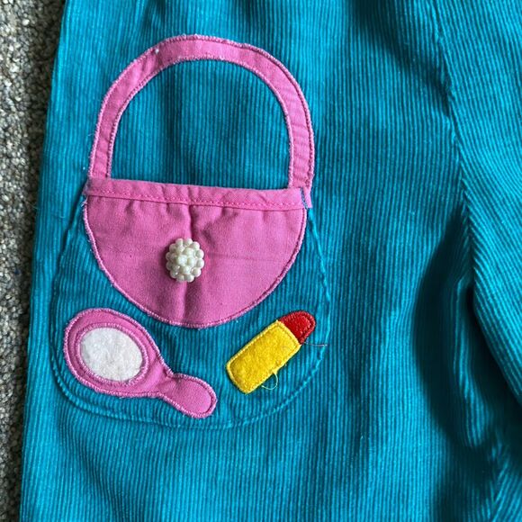 Vintage 80s Ruth Scharf Corduroy Jumpsuit Girls 4T Turquoise Appliques Made USA - Picture 7 of 9